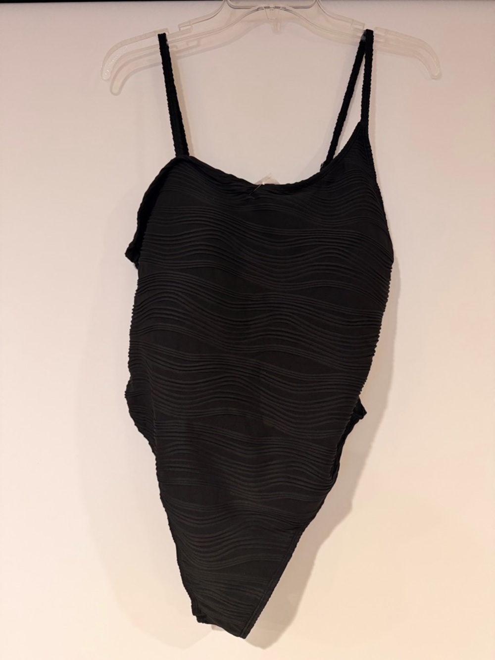 Black Textured One-Piece Swimsuit with Thin Straps